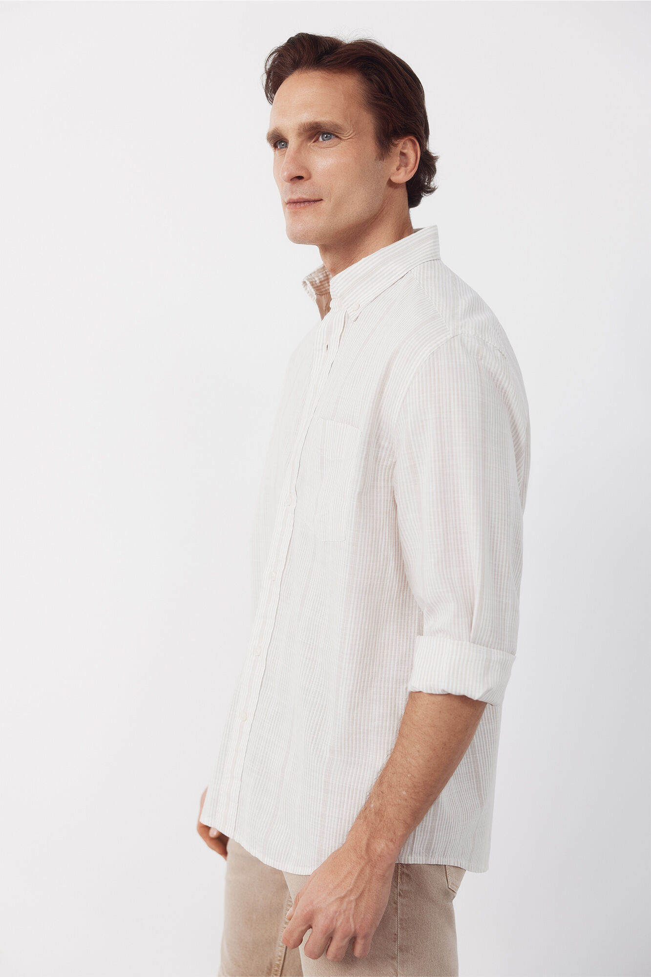 Cortefiel Camisa rayas algod&oacute;n slub Beige