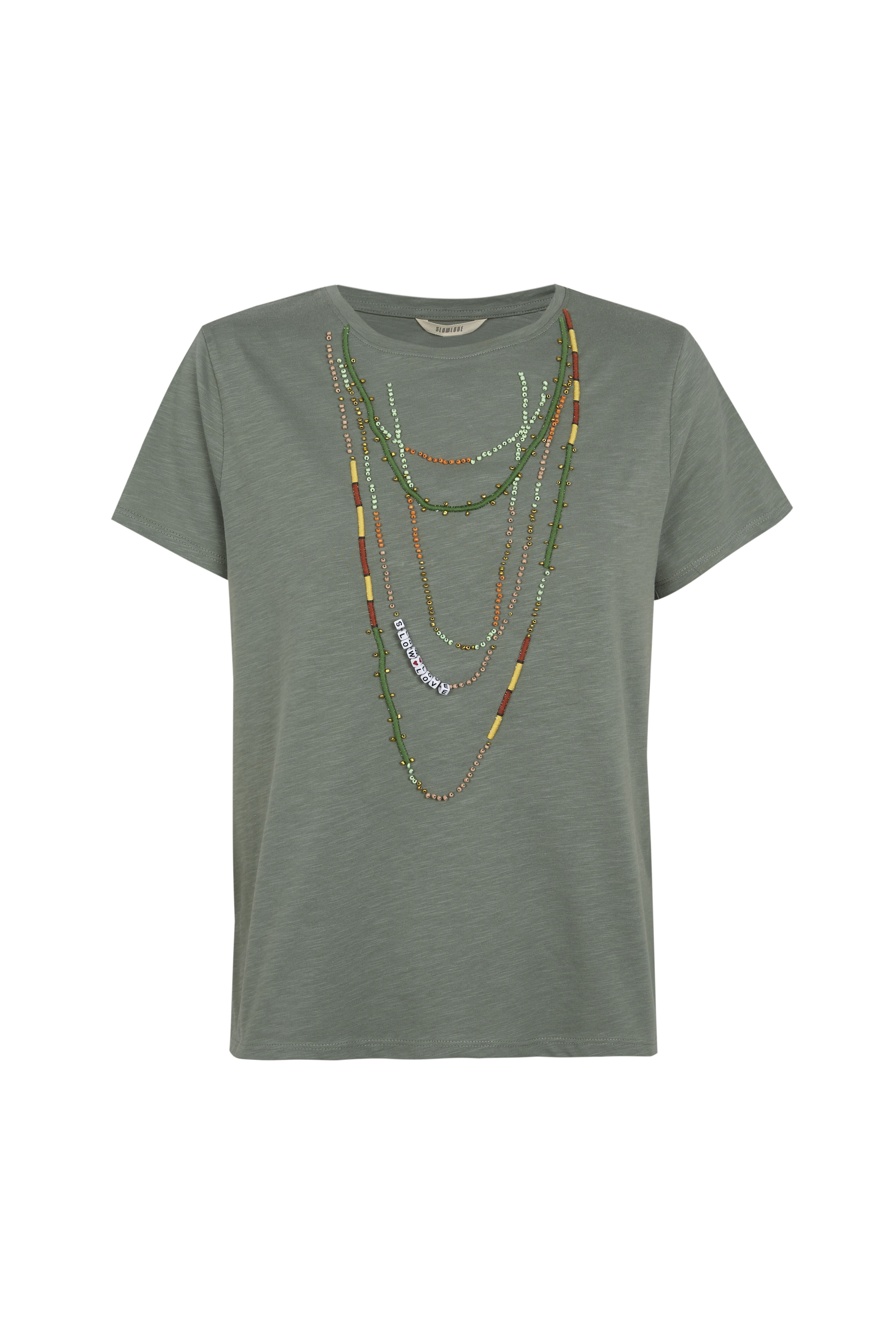 Slowlove Camiseta collar abalorios Kaki