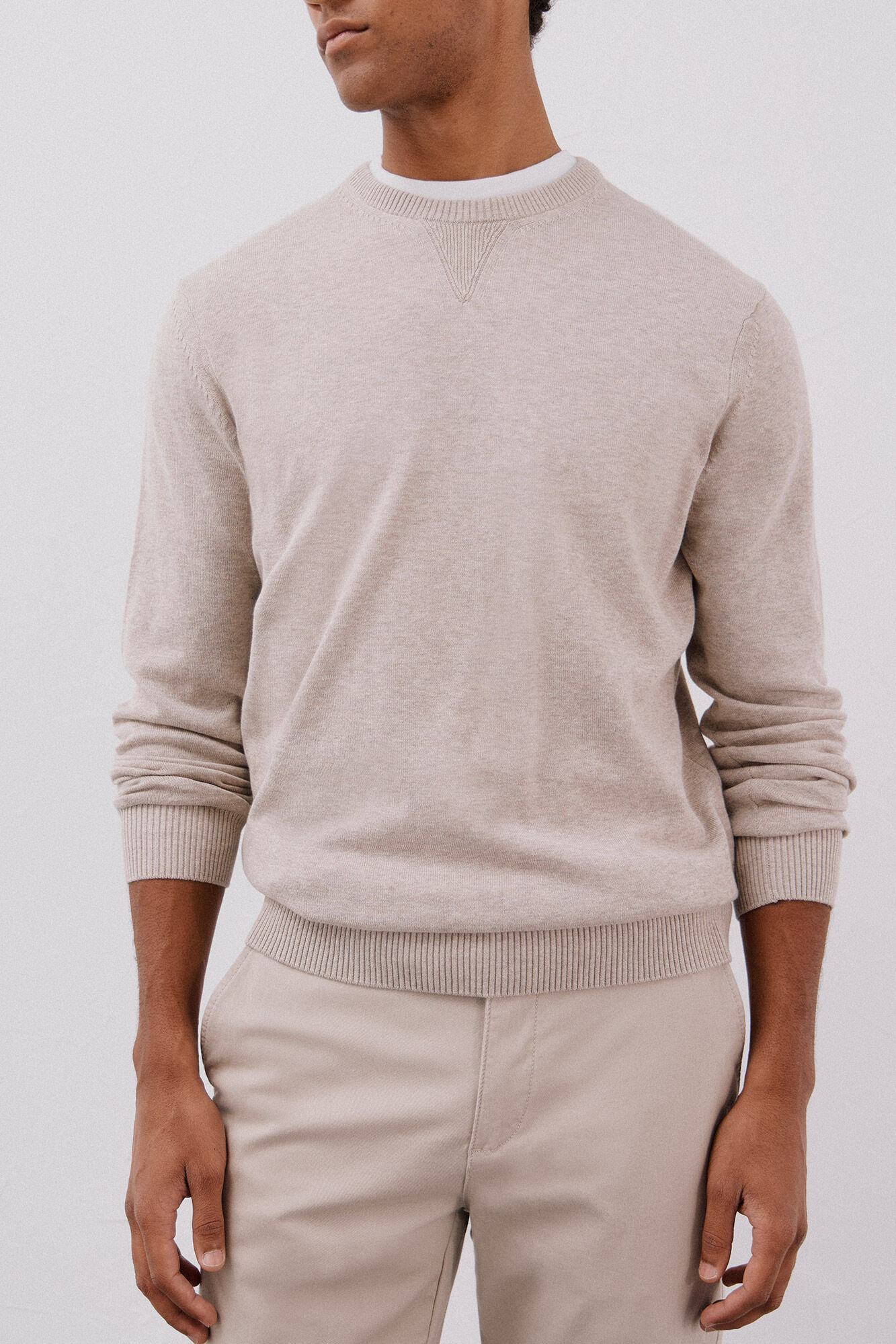 Cortefiel Su&eacute;ter tejido fino algod&oacute;n cuello redondo  Beige