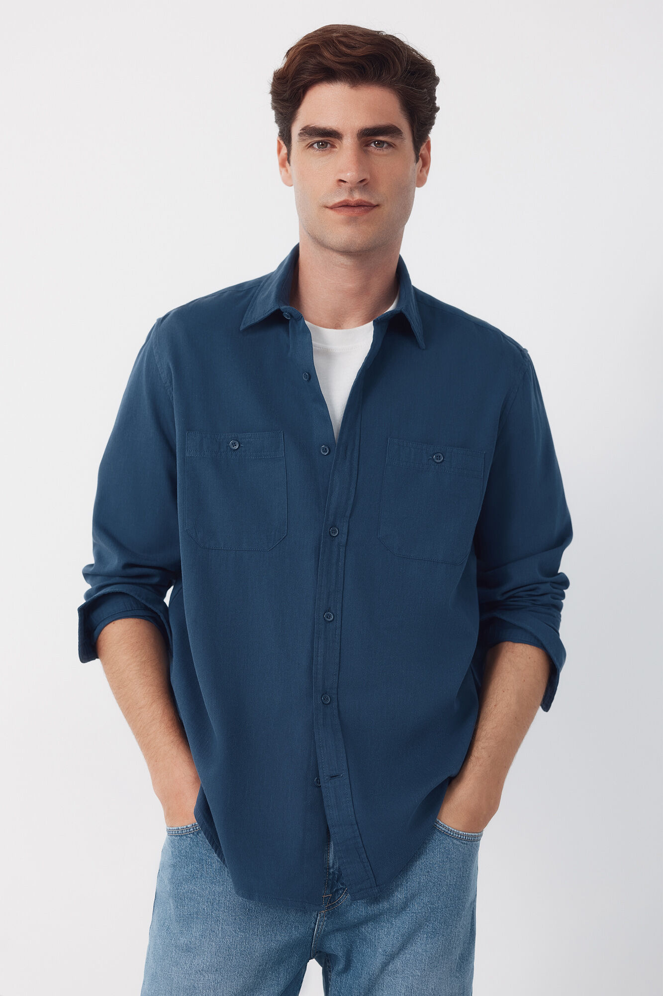 Cortefiel Camisa espiga bolsillos Azul marino