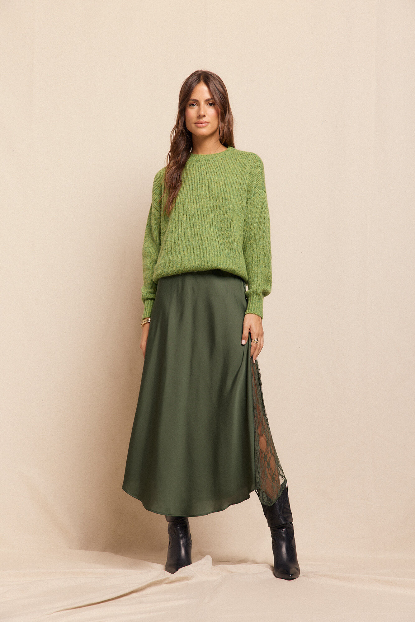 Slowlove Falda larga satinada con encaje Verde oscuro