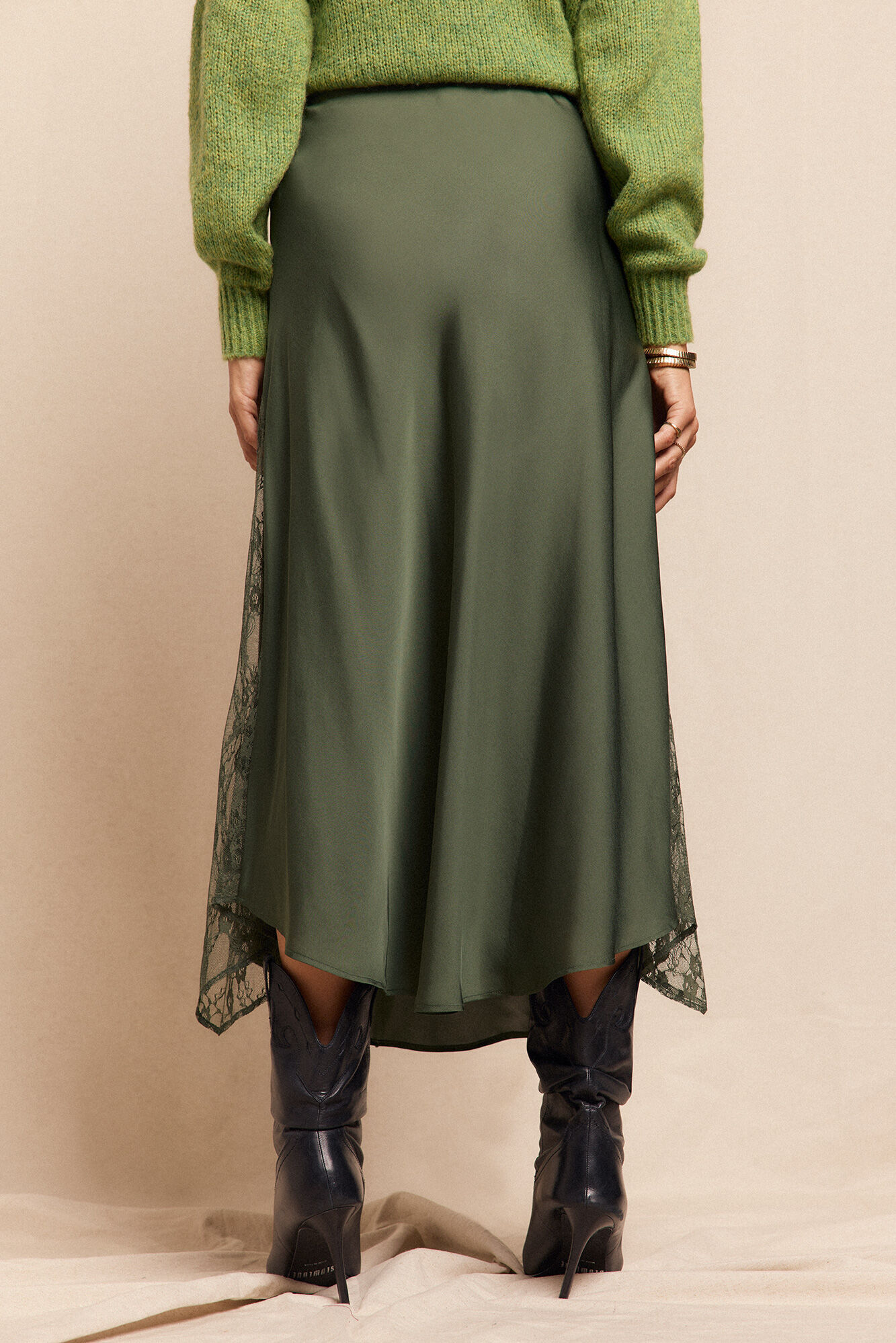 Slowlove Falda larga satinada con encaje Verde oscuro