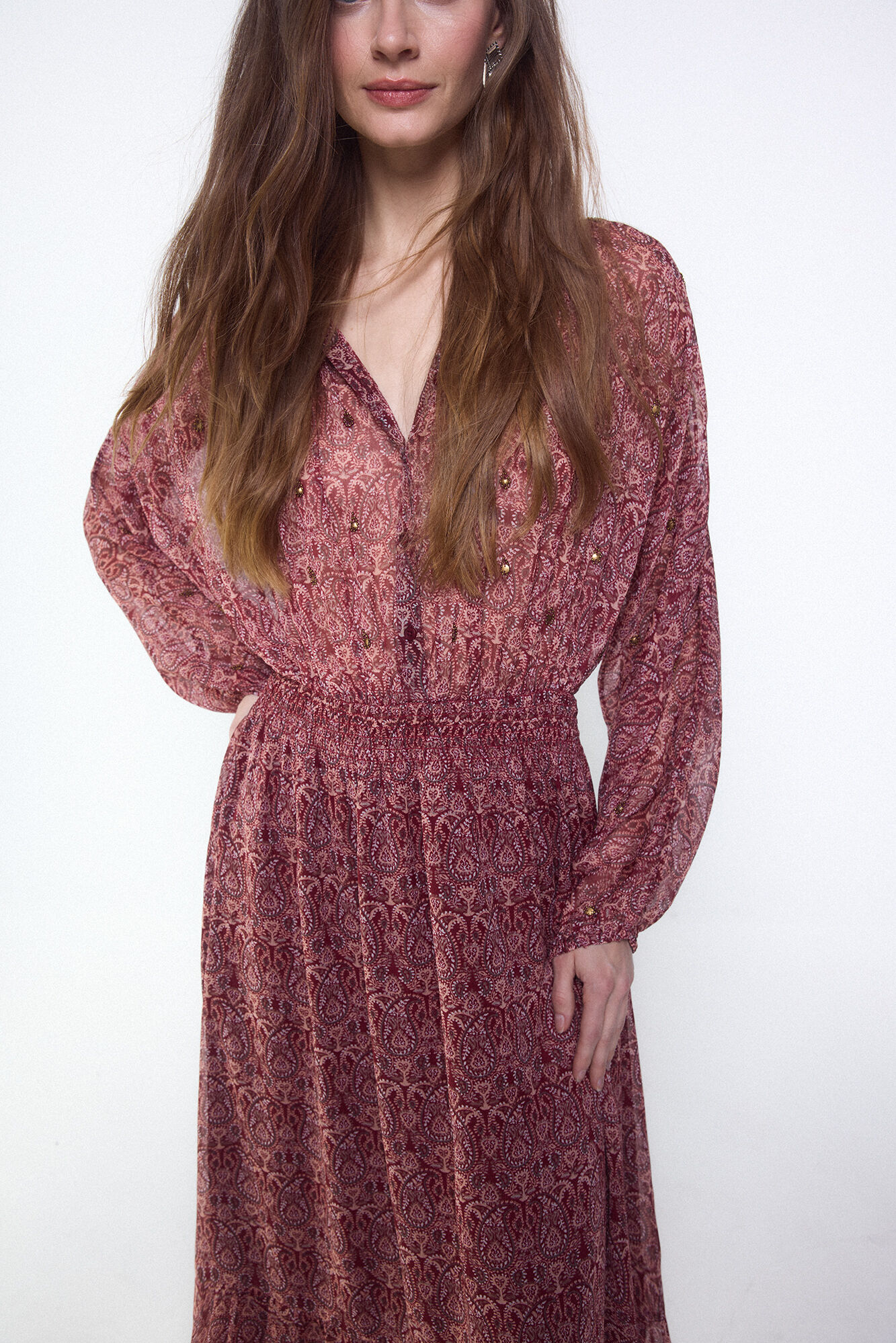 Slowlove Vestido estampado con bordados y pedrer&iacute;a Rojo
