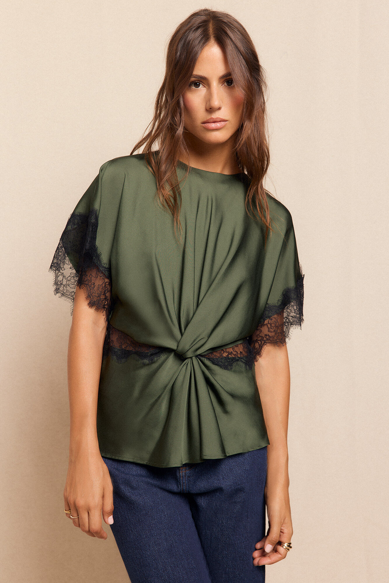 Slowlove Blusa satinada encajes Verde oscuro