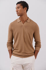 Cortefiel Suéter tejido fino estructura horizontal cuello polo Beige
