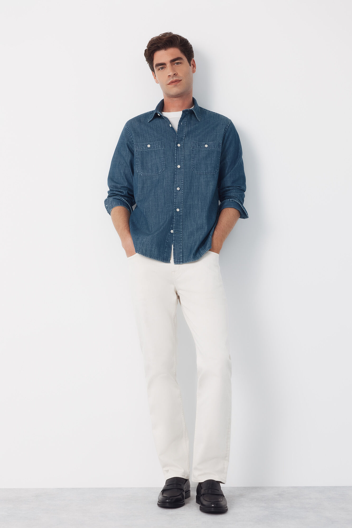 Cortefiel Camisa vaquera chambray manga larga&nbsp; Azul marino