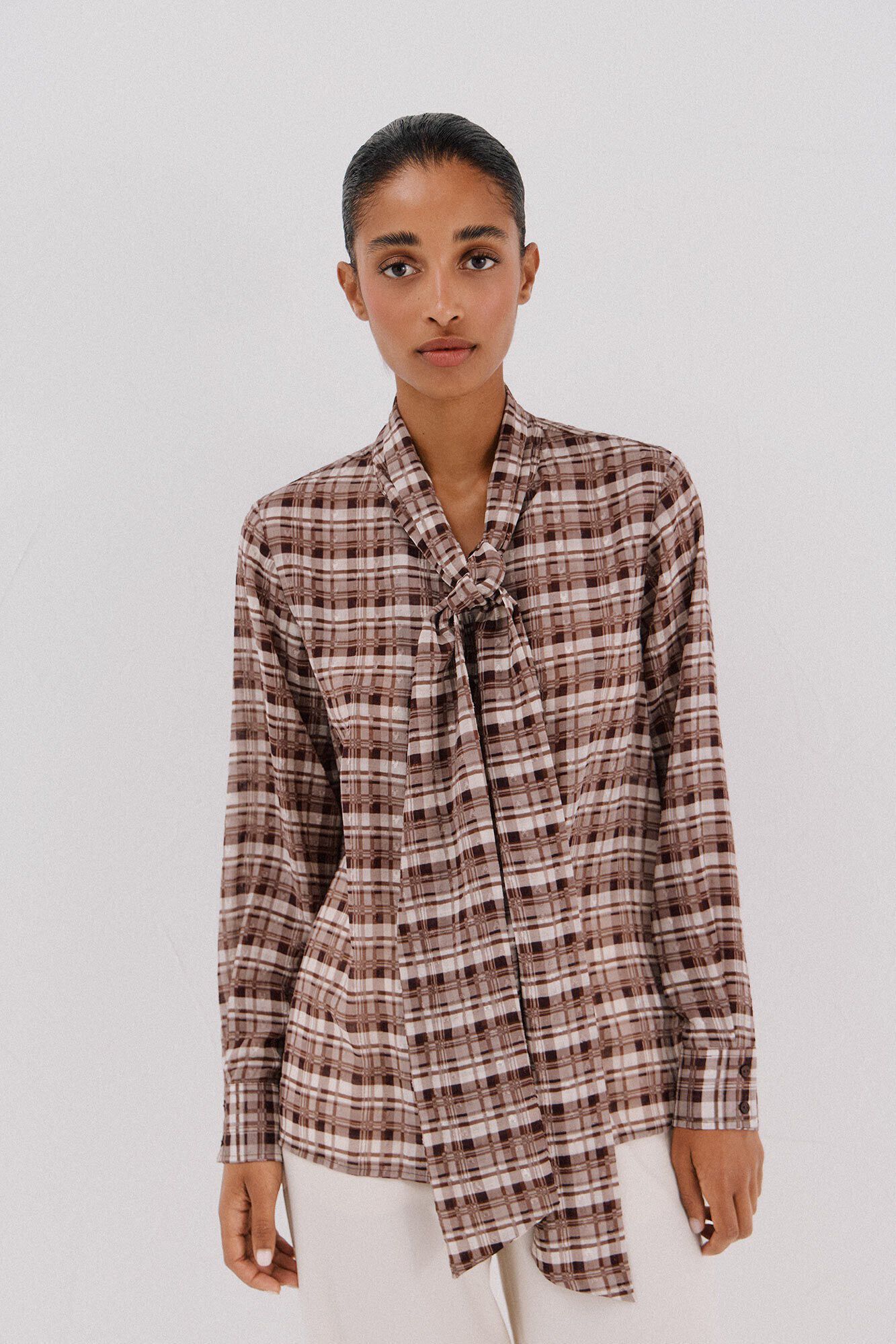 Cortefiel Blusa lazo estampada cuadros Multicolor