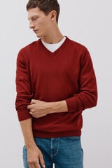 Cortefiel Suéter tejido fino algodón cuello pico Granate