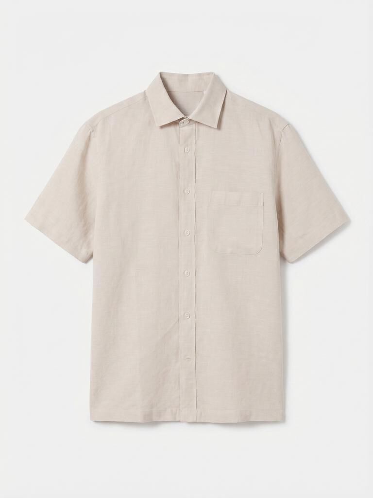 Cortefiel Camisa algod&oacute;n lino lisa manga corta Beige
