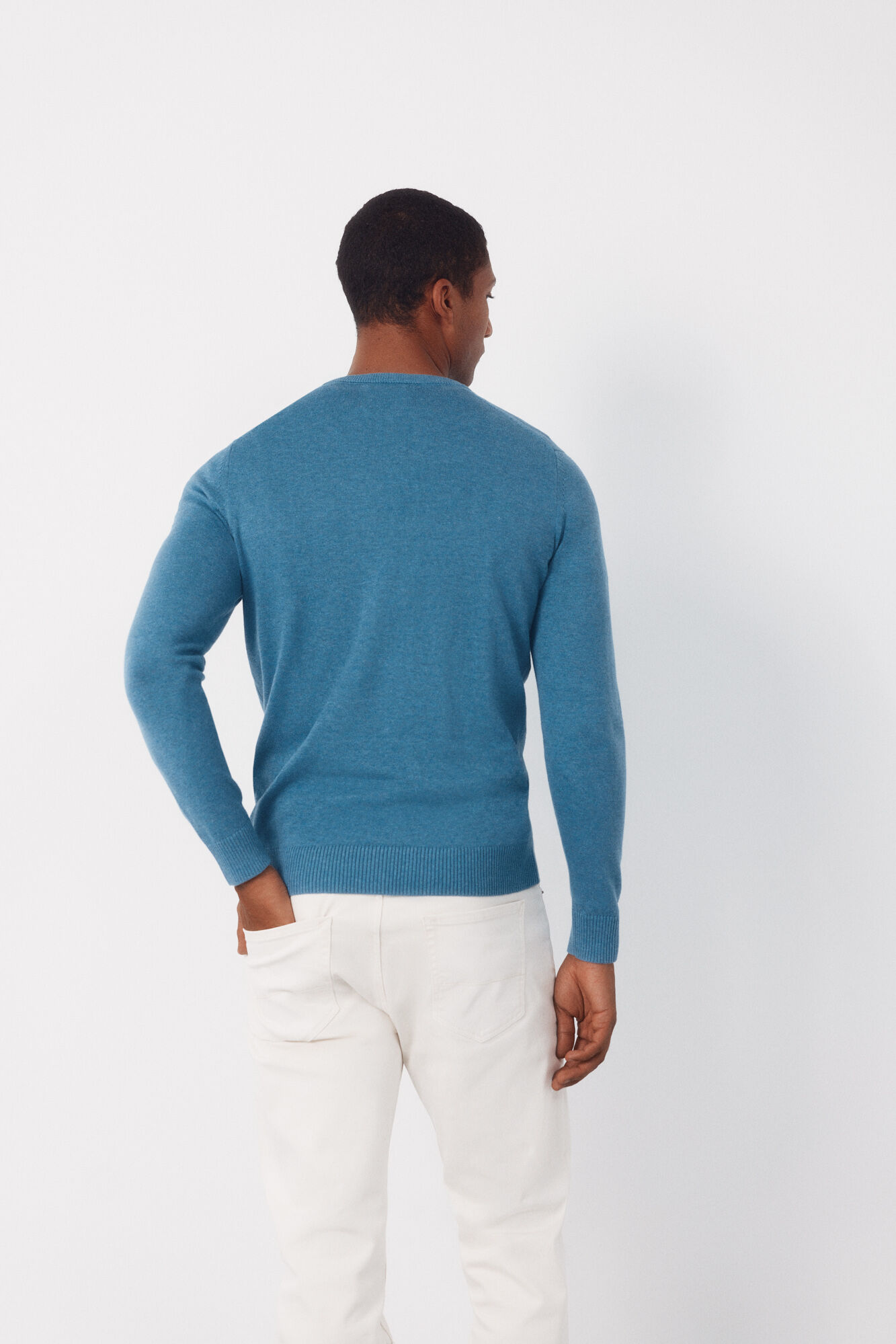 Cortefiel Jersey punto algod&oacute;n cuello pico b&aacute;sico Azul