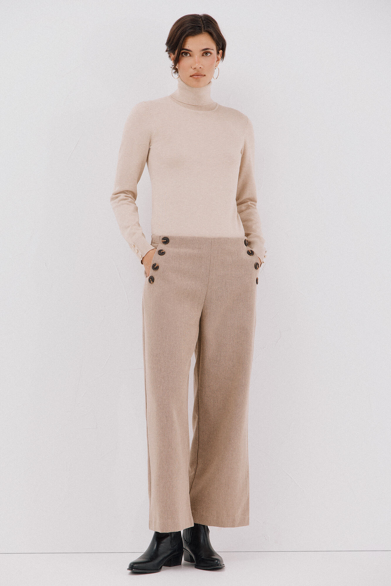 Cortefiel Pantal&oacute;n de mujer crop y ancho Beige