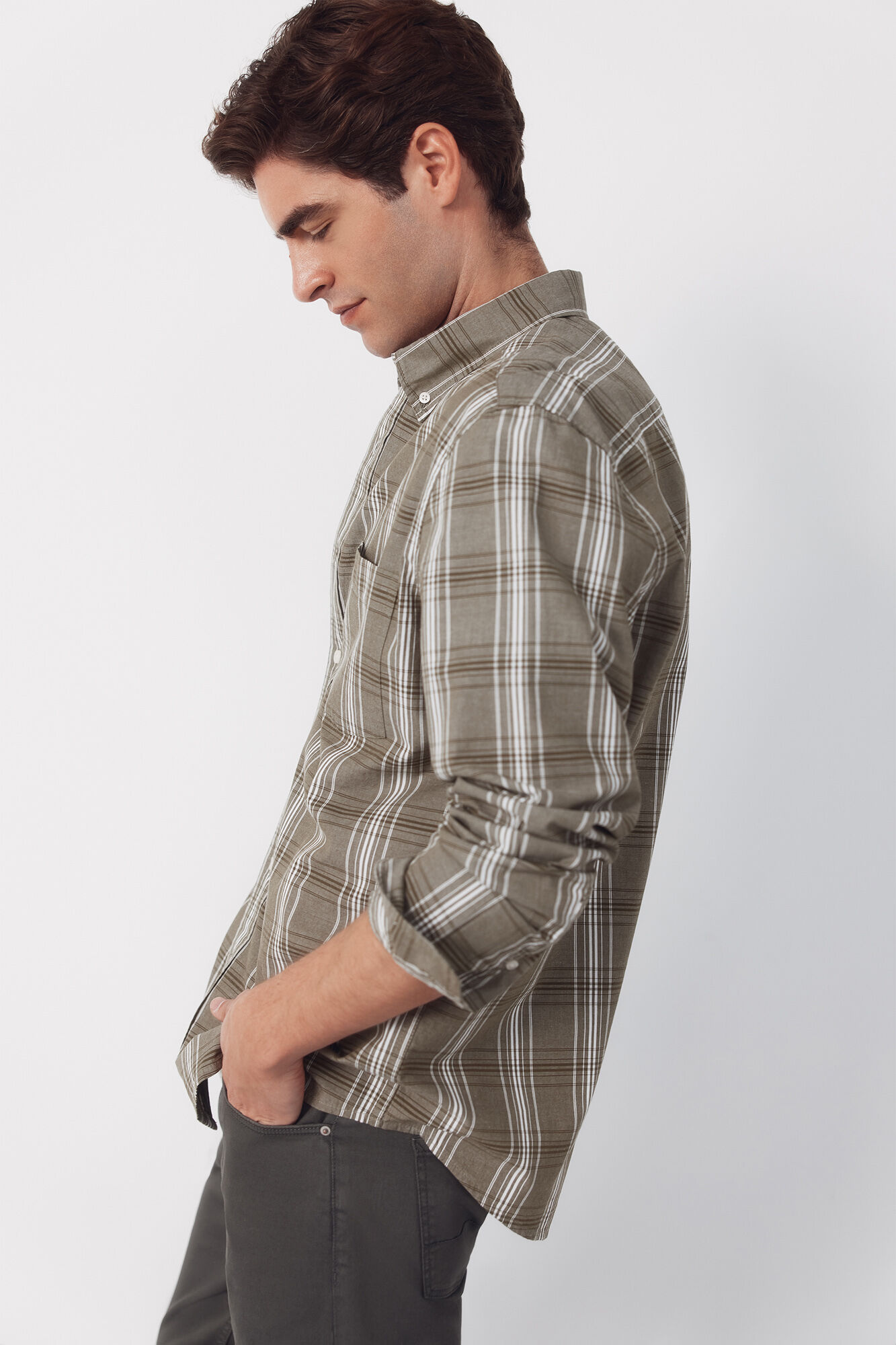 Cortefiel Camisa popel&iacute;n cuadros Kaki