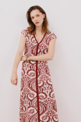 Cortefiel Vestido escote pico contraste Estampado granate