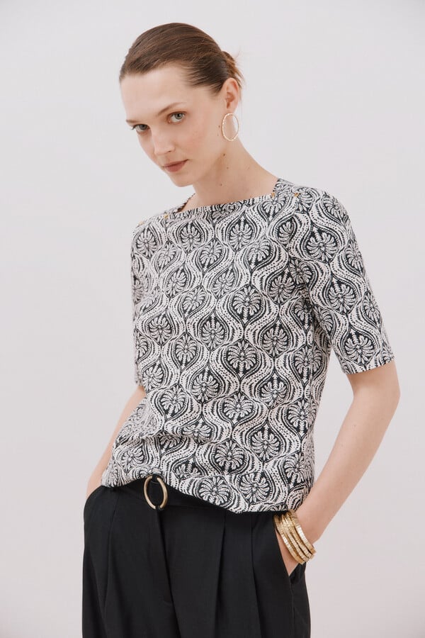 Cortefiel Playera básica escote barco Estampado gris