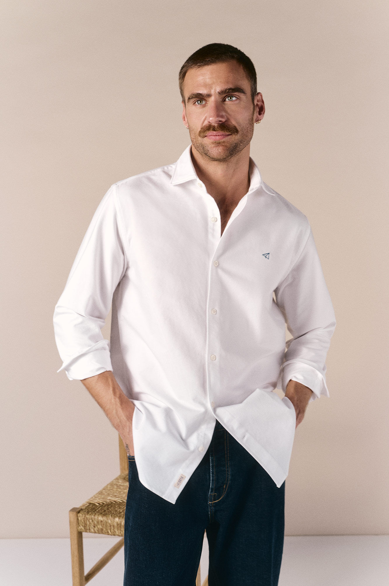 OOTO Camisa oxford liso manga larga Blanco