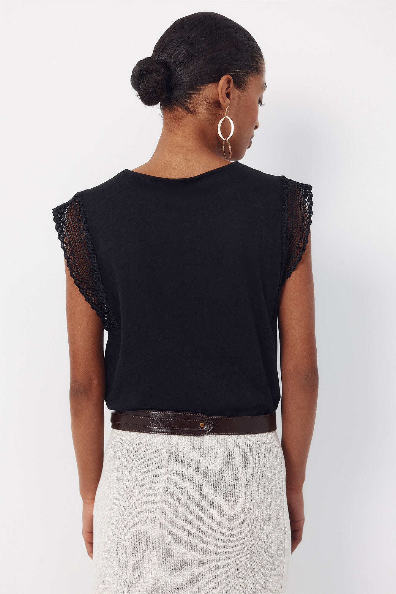 Cortefiel Playera manga guipur Negro