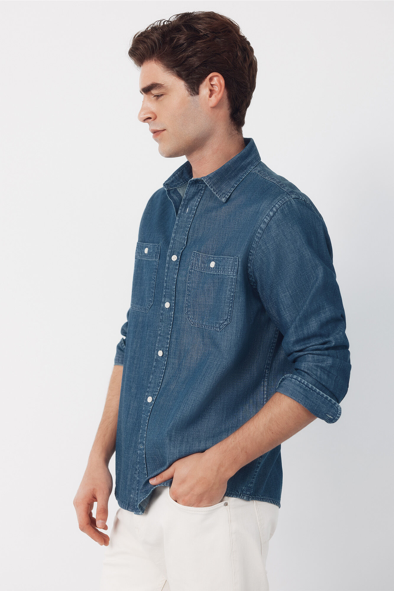 Cortefiel Camisa vaquera chambray manga larga&nbsp; Azul marino