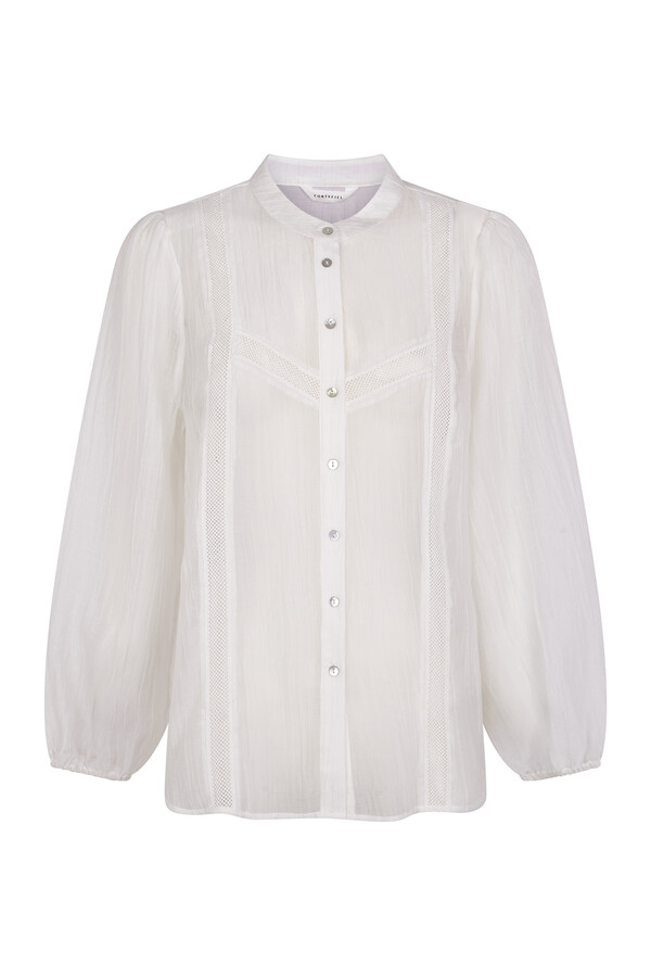 Cortefiel Blusa encaje cuello mao Blanco