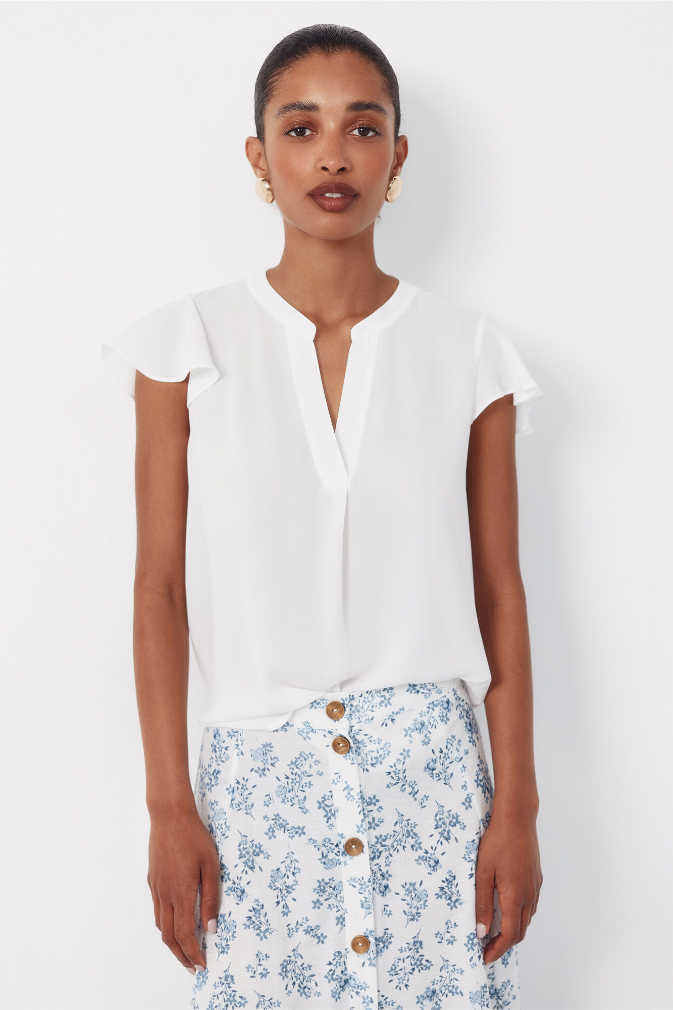 Cortefiel Blusa fluida de manga de vuelo Blanco