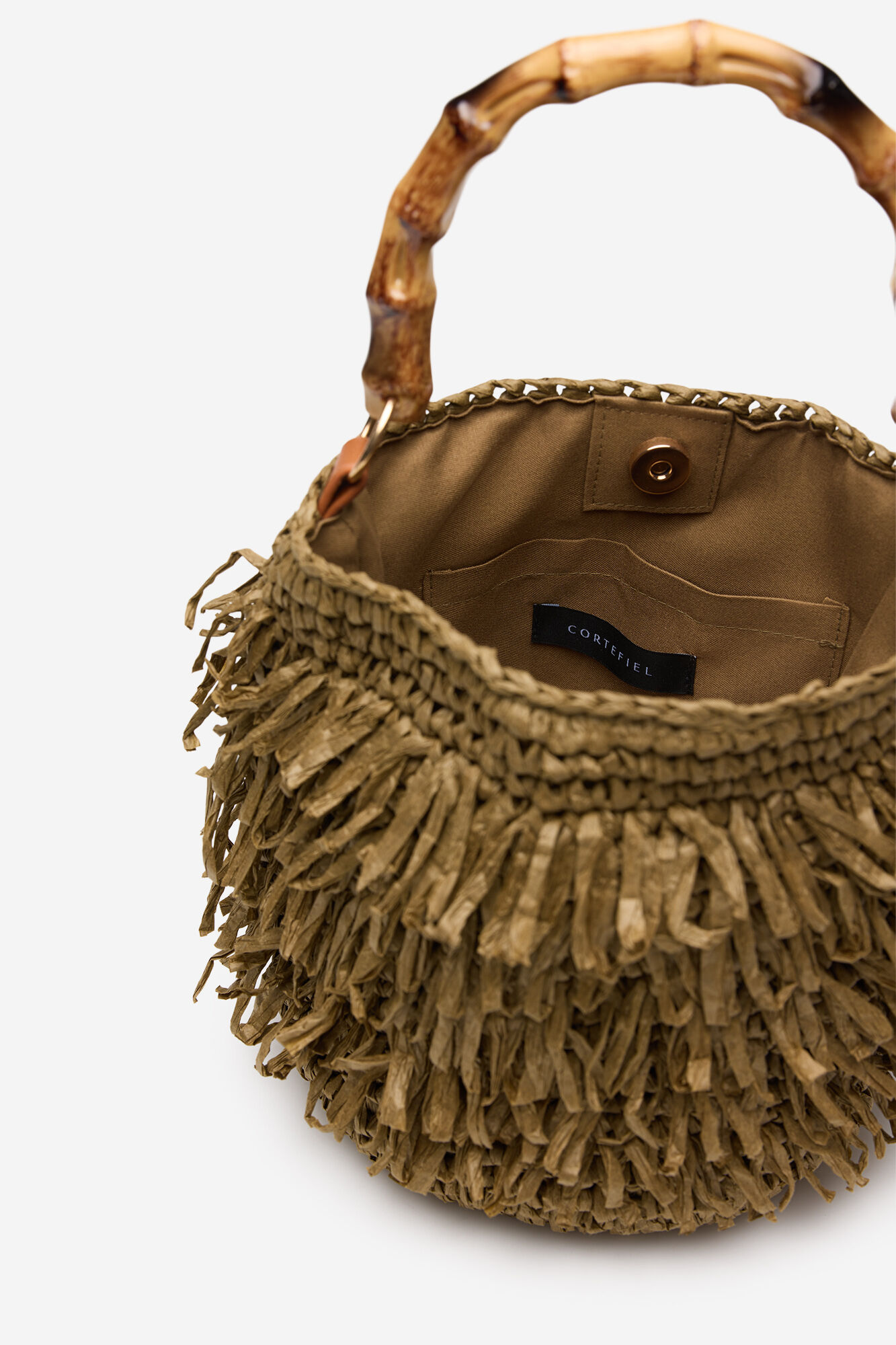 Cortefiel Bolsa de rafia con flecos Kaki