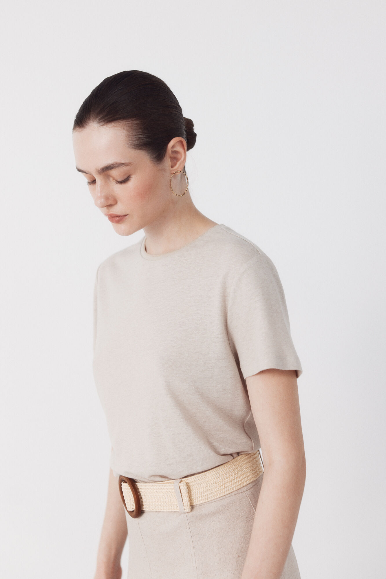 Cortefiel Playera de lino con escote lurex Beige