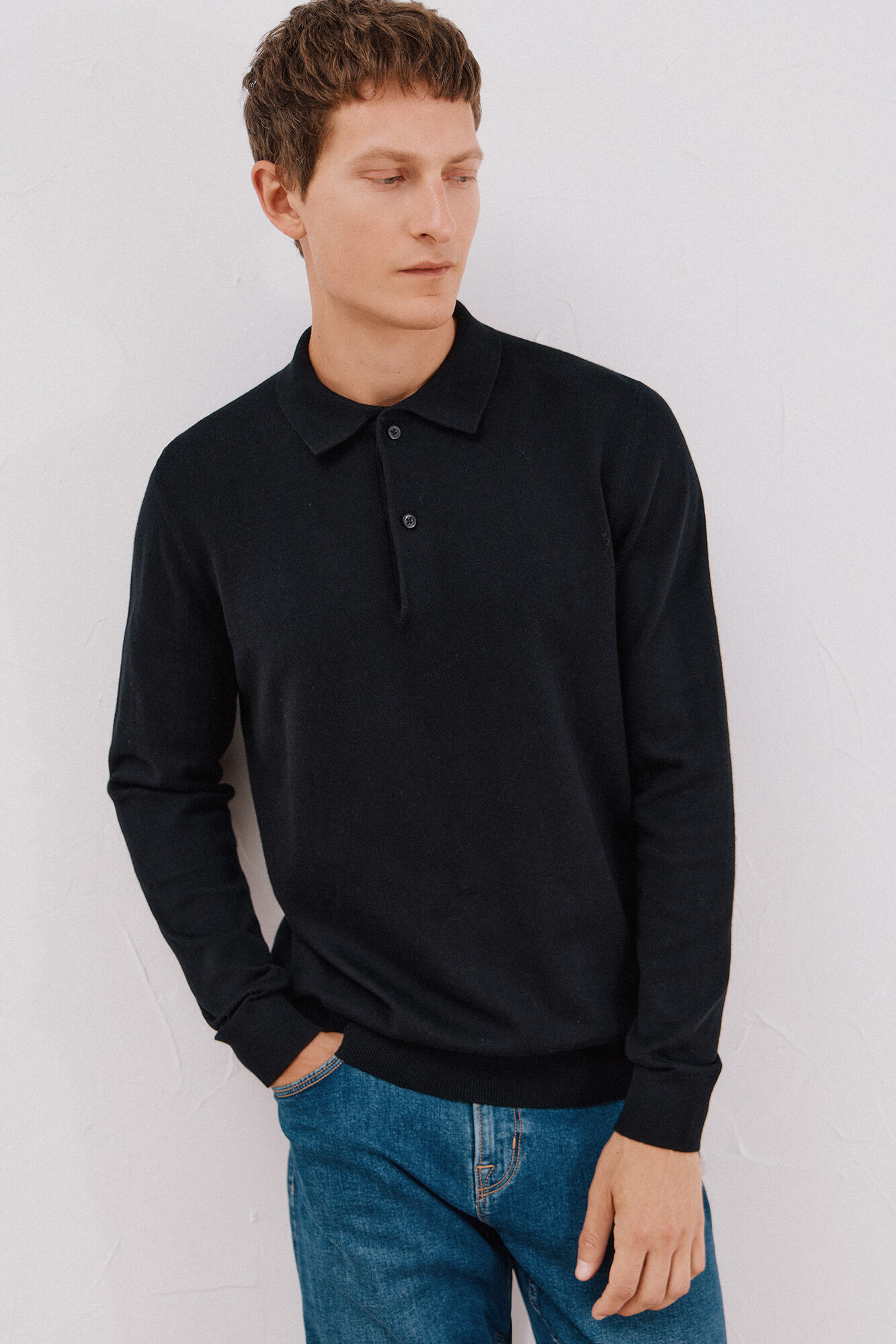 Cortefiel Su&eacute;ter de algod&oacute;n cashmere cuello polo Negro