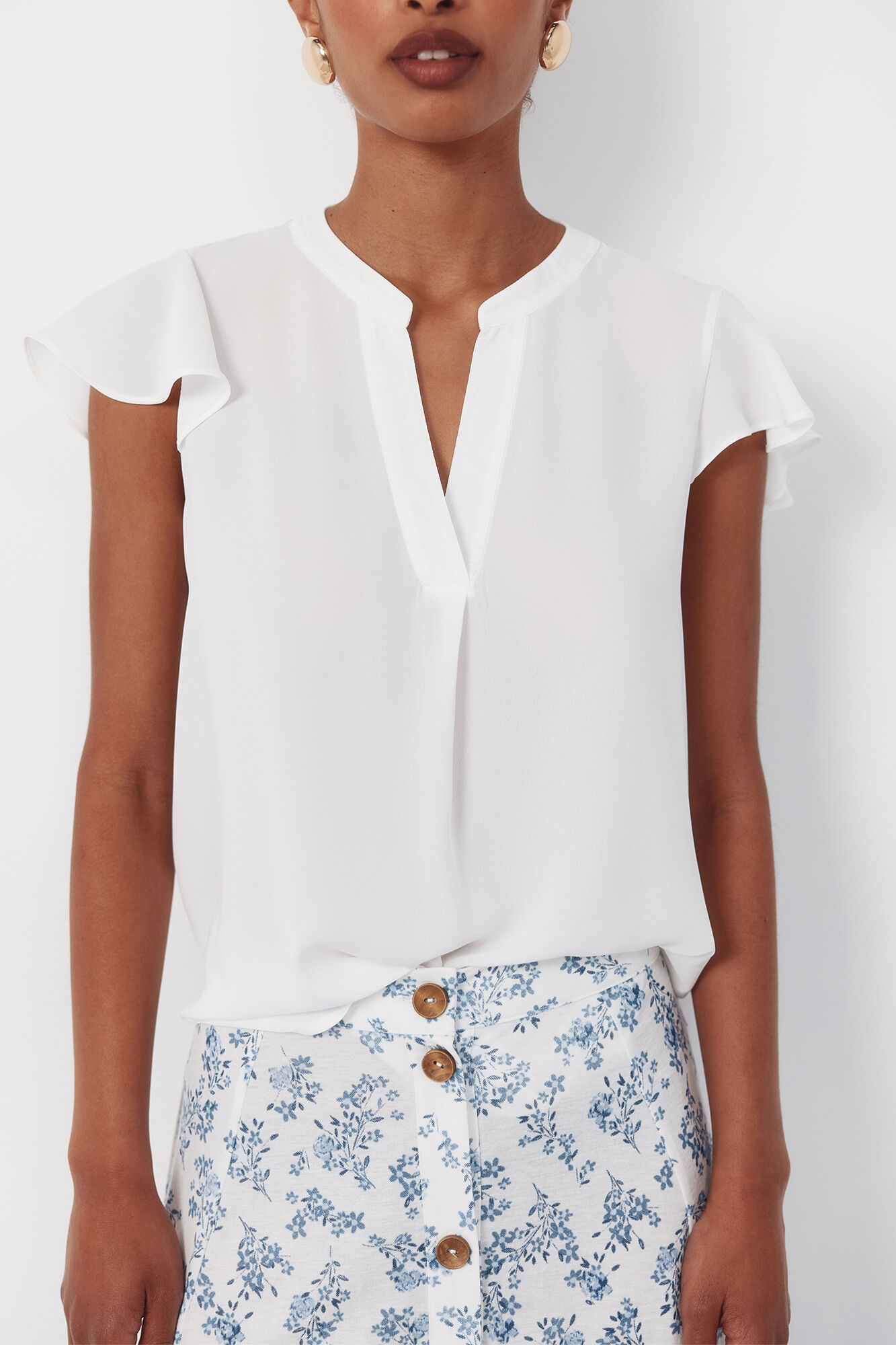 Cortefiel Blusa fluida de manga de vuelo Blanco