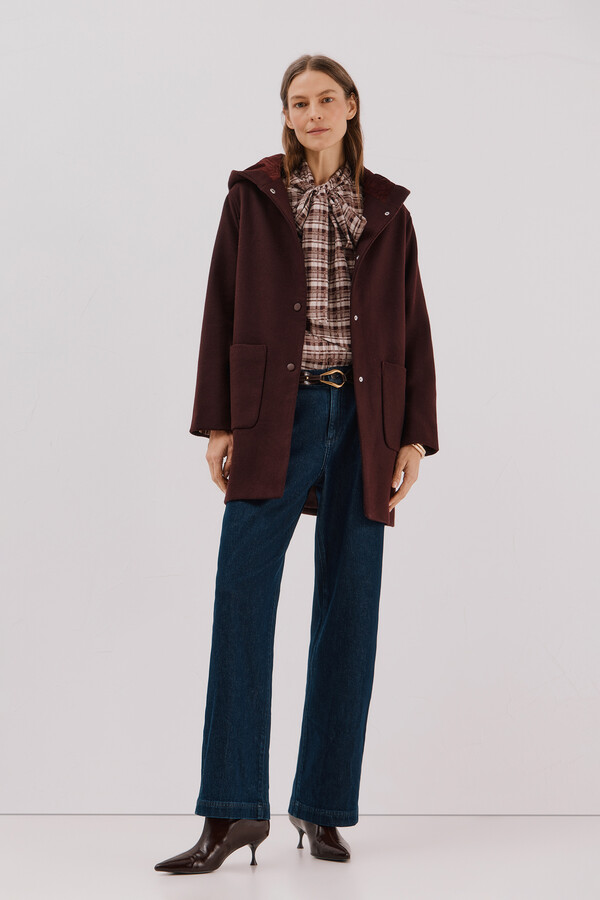 Cortefiel Abrigo paño capucha Granate