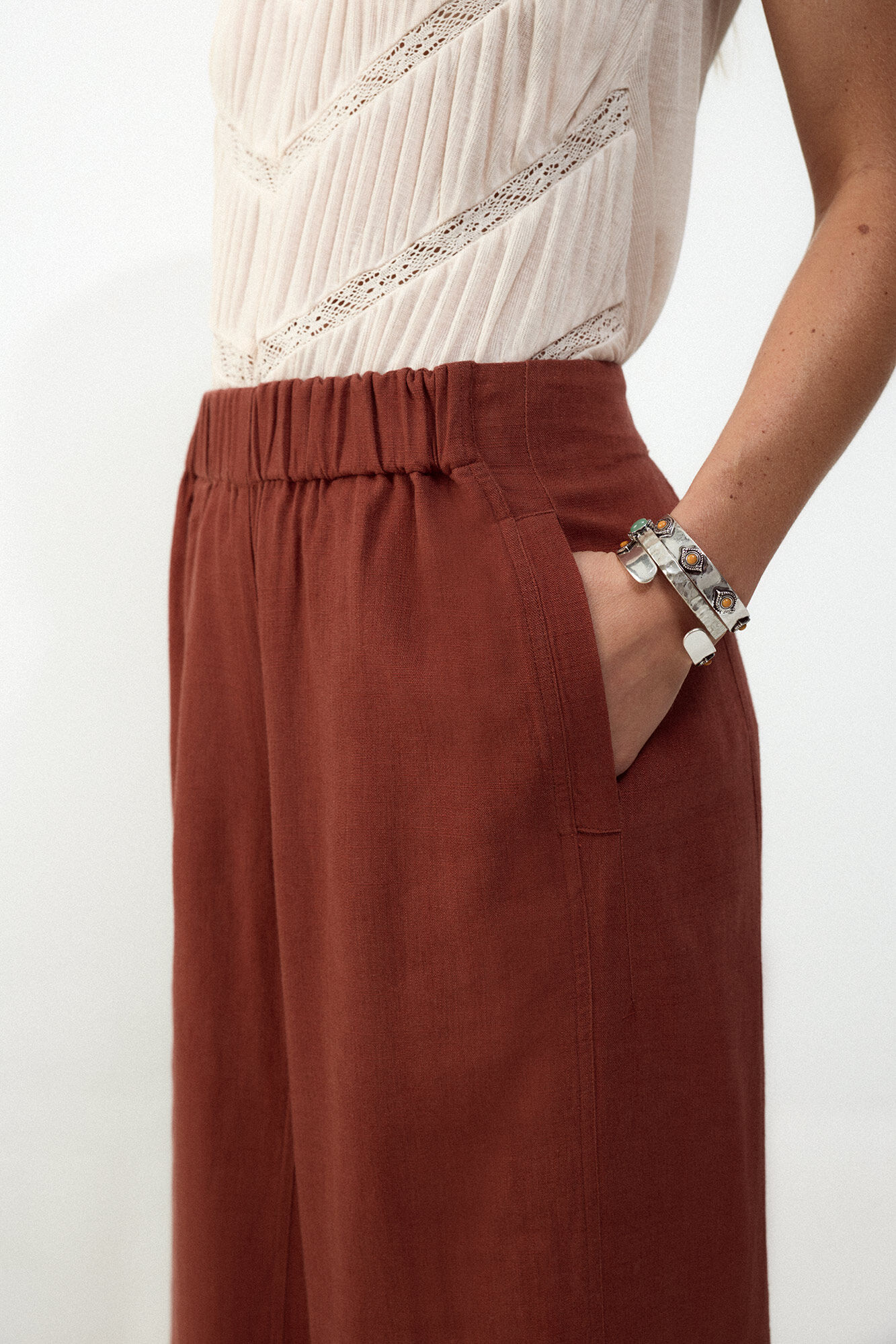 Slowlove Pantal&oacute;n ancho de lino lavado Marr&oacute;n