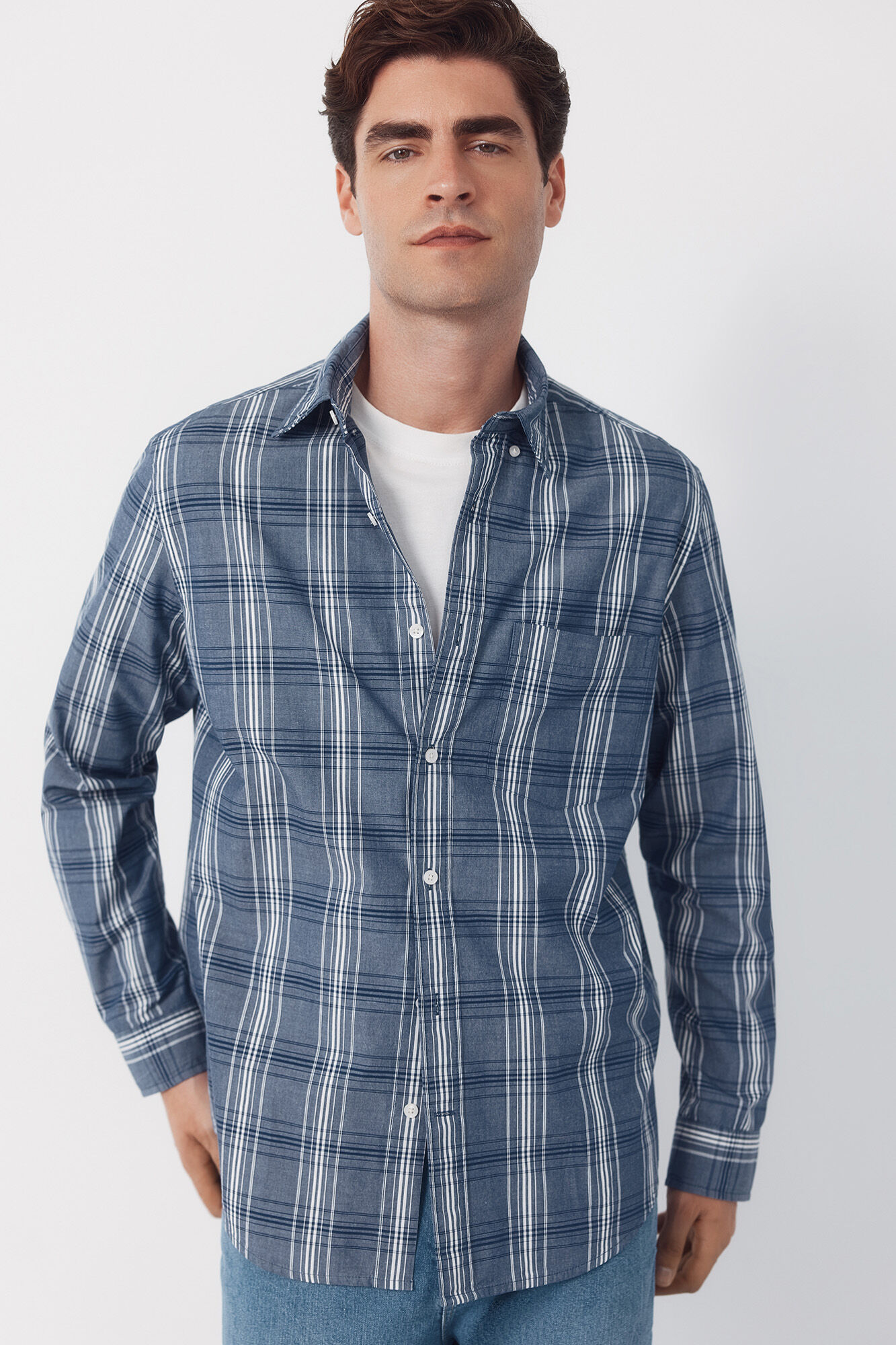 Cortefiel Camisa popel&iacute;n cuadros Azul marino