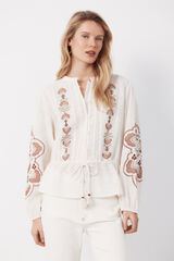 Cortefiel Blusa bordada con cintura ajustable Marfil