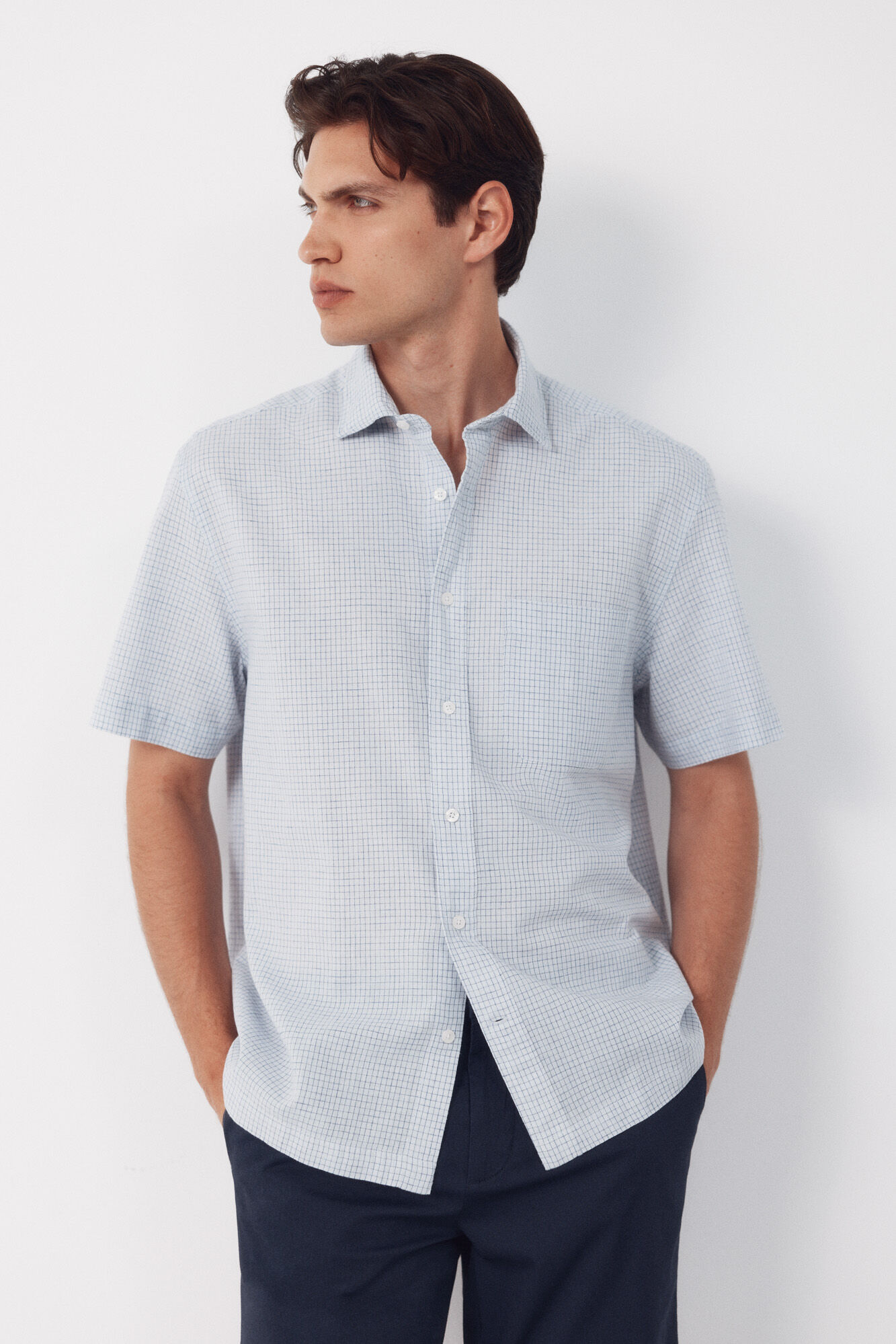 Cortefiel Camisa algod&oacute;n lino cuadros manga corta