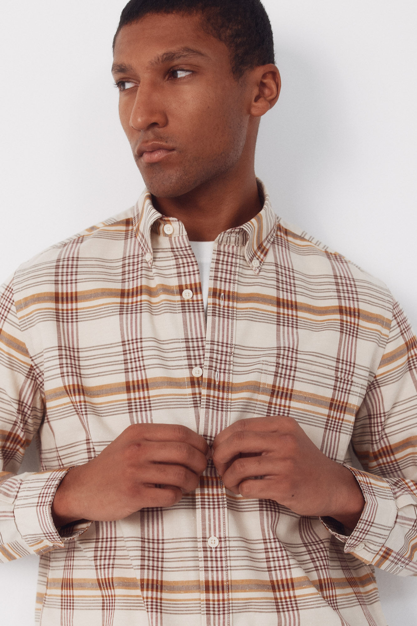 Cortefiel Camisa cuadros oxford slub Beige