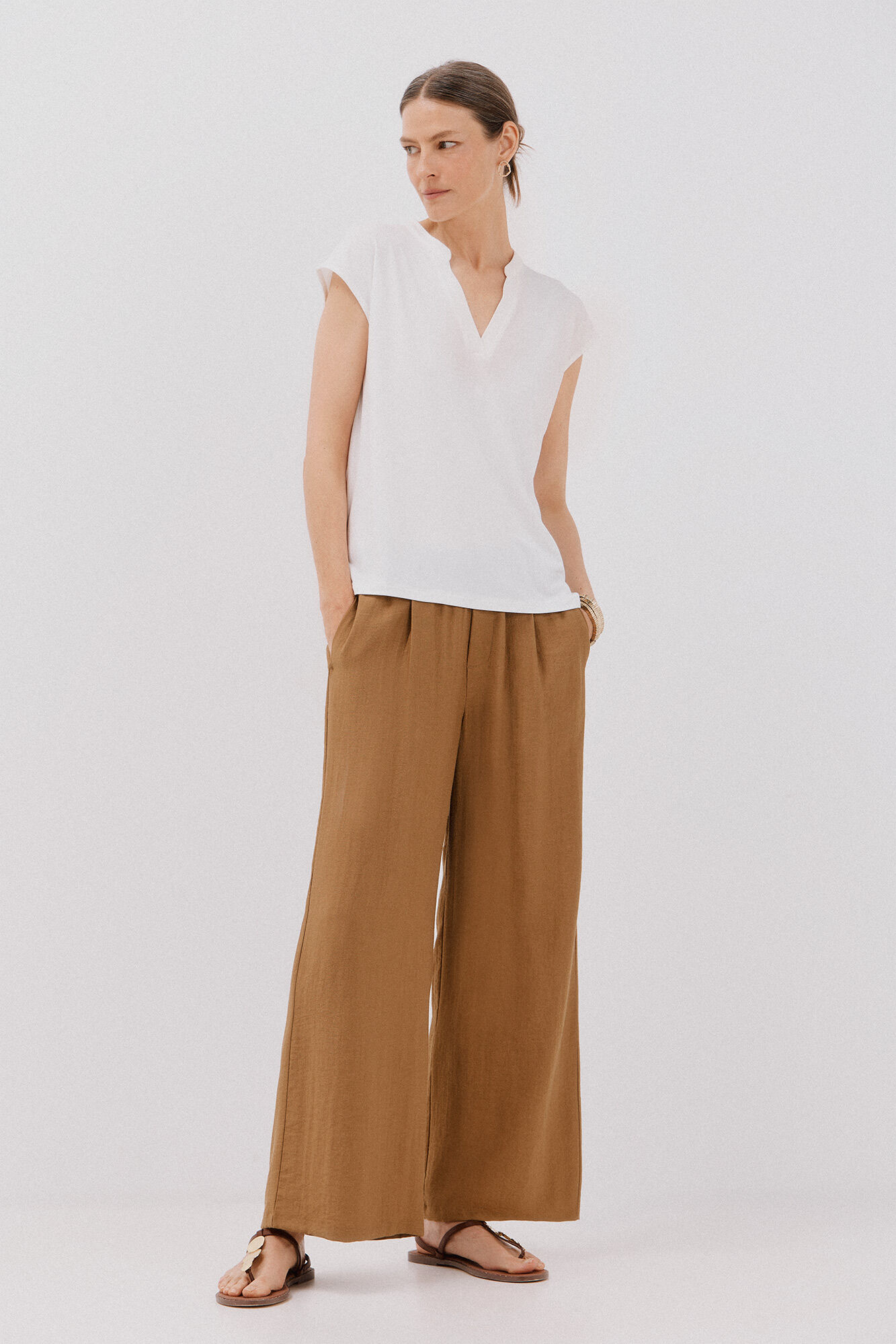 Cortefiel Pantal&oacute;n fluido ancho Kaki