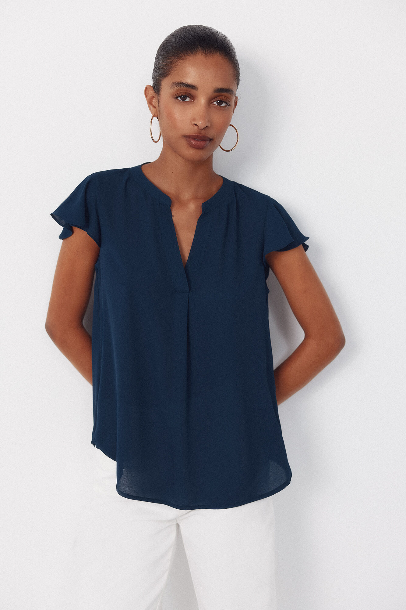 Cortefiel Blusa fluida de manga de vuelo Azul marino