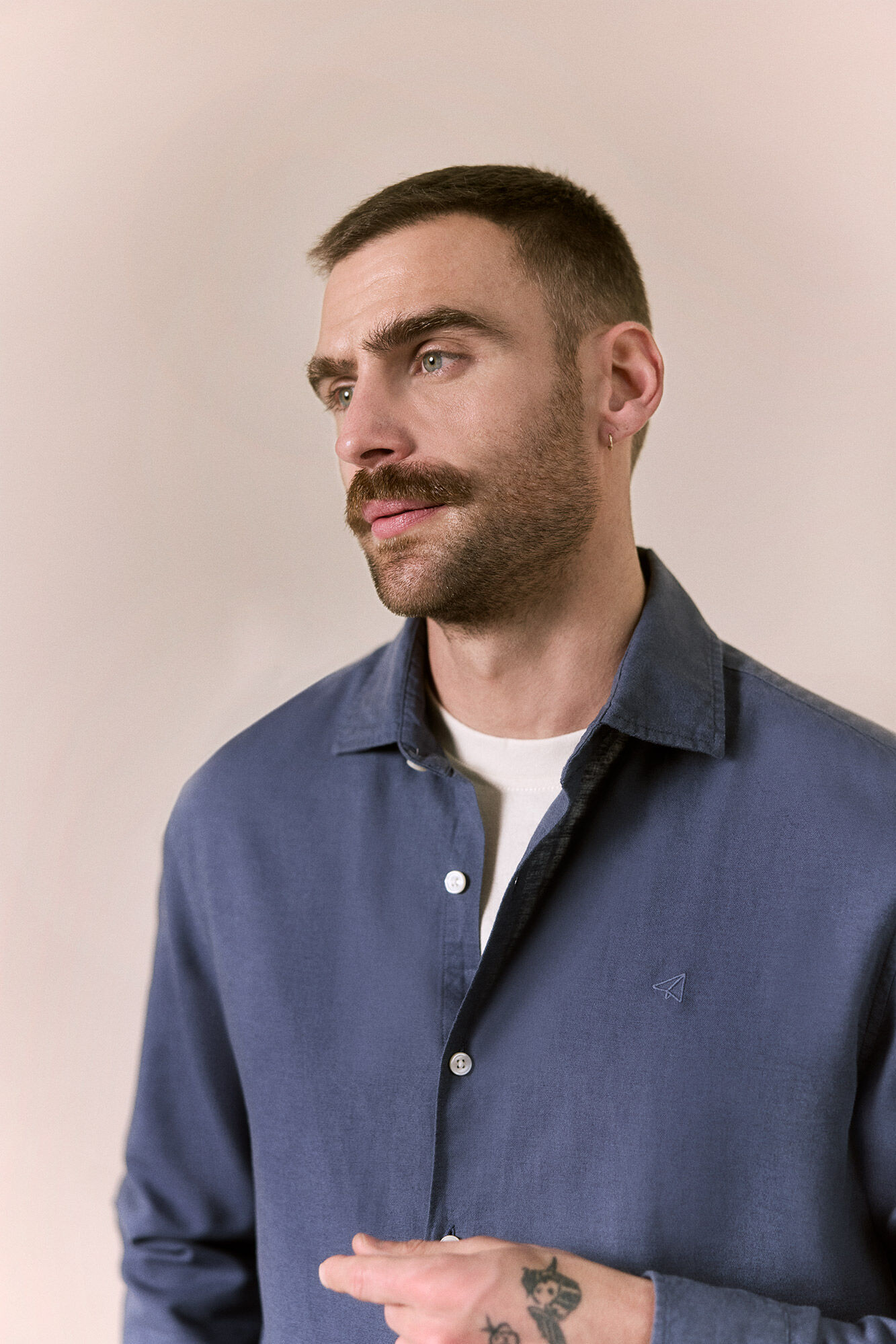 OOTO Camisa algod&oacute;n lino manga larga Azul