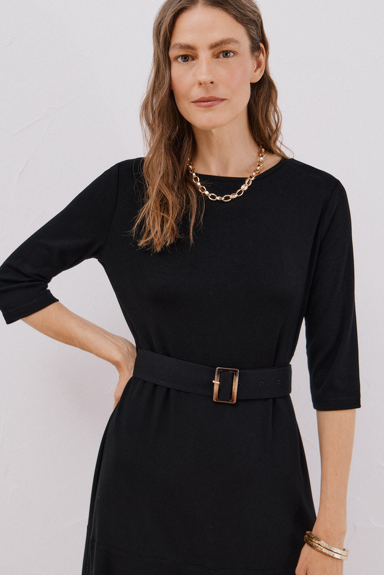 Cortefiel Vestido combinado cintur&oacute;n Negro