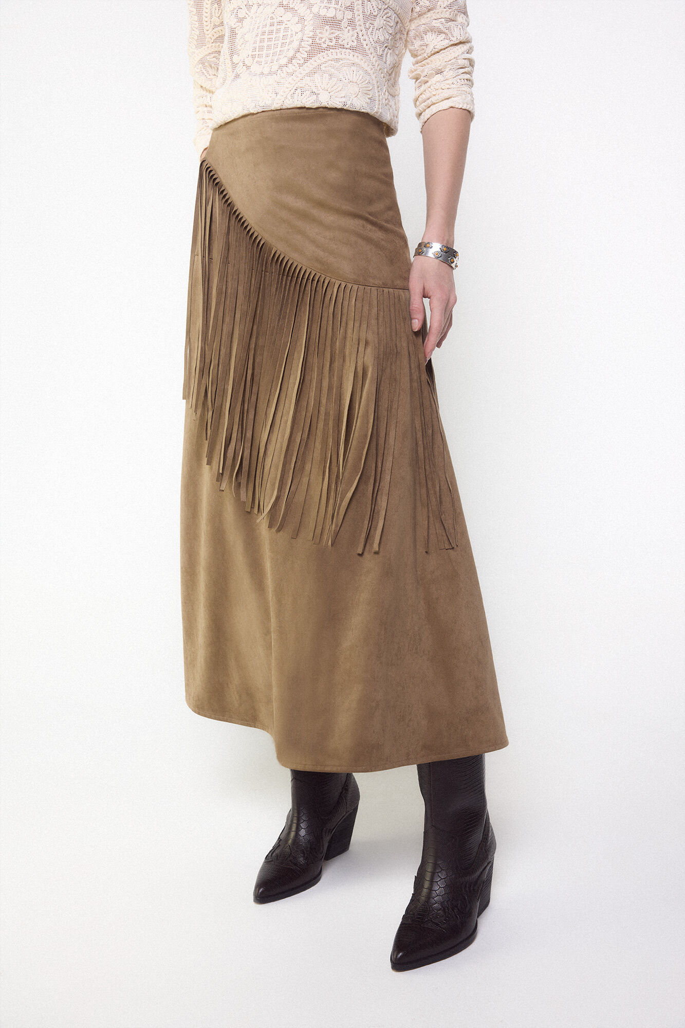 Slowlove Falda de ante sint&eacute;tico con flecos Marr&oacute;n