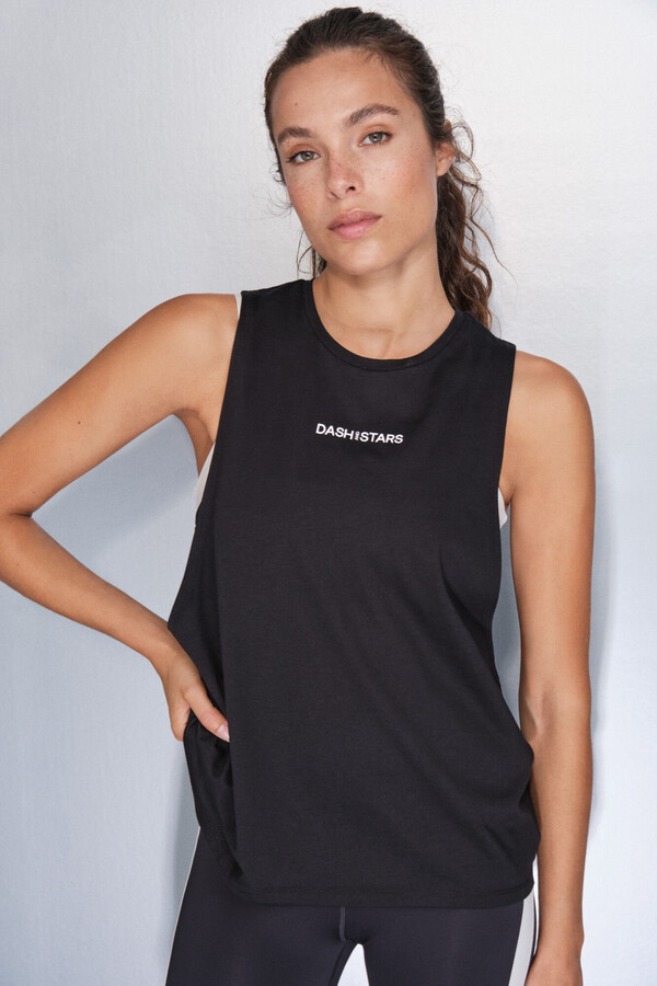 Dash and Stars Playera negra de algodón con mangas cuello halter negro