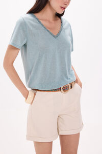 Fifty Outlet Camiseta de cuello de lino - Playera con crochet Azul