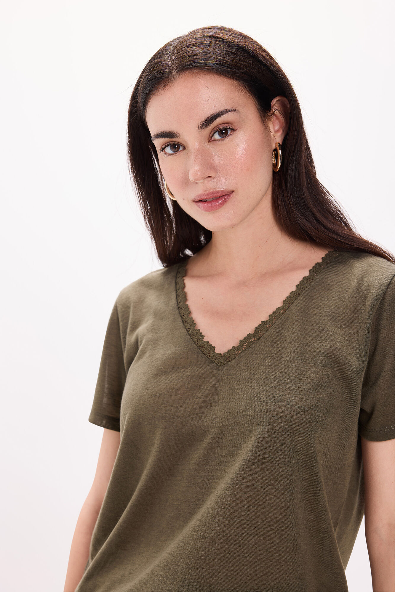 Milano Camiseta de cuello de lino - Playera con crochet