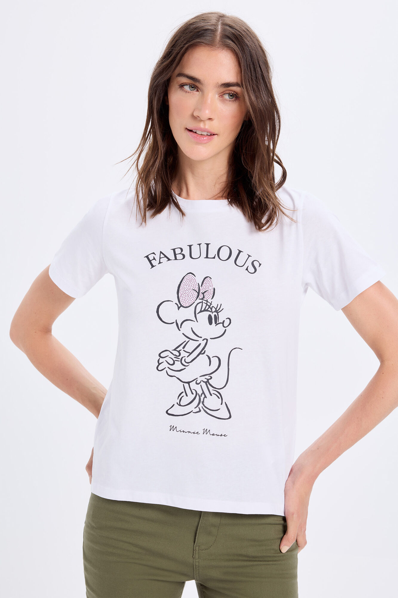 Milano Playera estampada de Minnie Mouse con aplicaci&oacute;n de pedrer&iacute;a en el lazo o lazo
