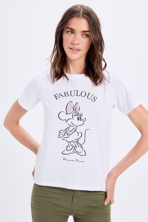 Milano Playera estampada de Minnie Mouse con aplicación de pedrería en el lazo o lazo Blanco