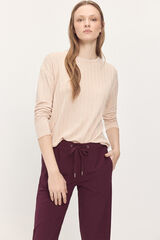 Fifty Outlet Suéter tacto suave de canalé con detalle de puntilla en el cuello Beige
