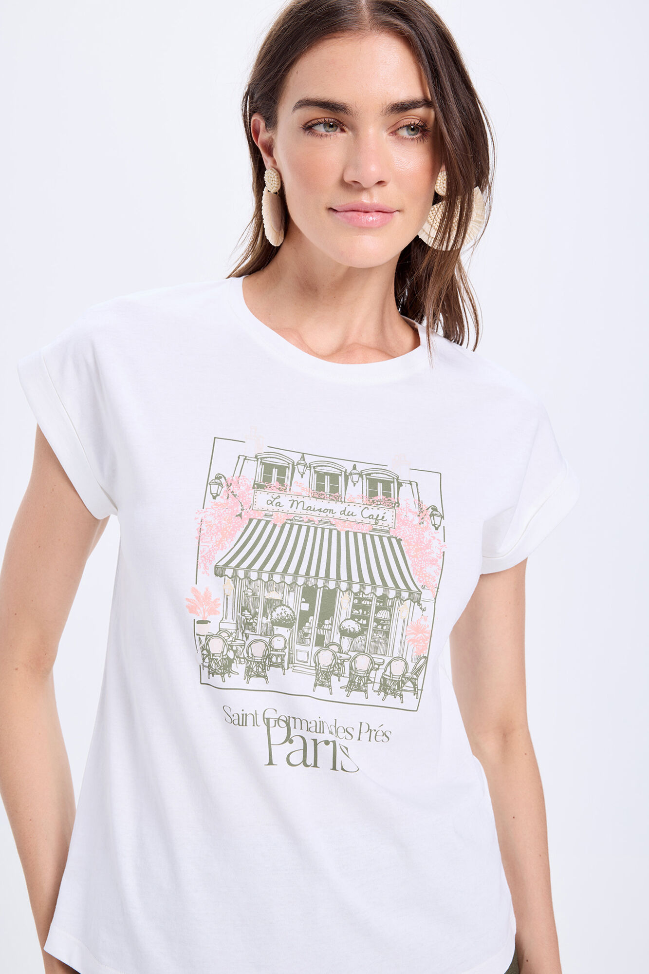 Milano Playera de algod&oacute;n con mangas enrolladas y estampado frontal. Marfil