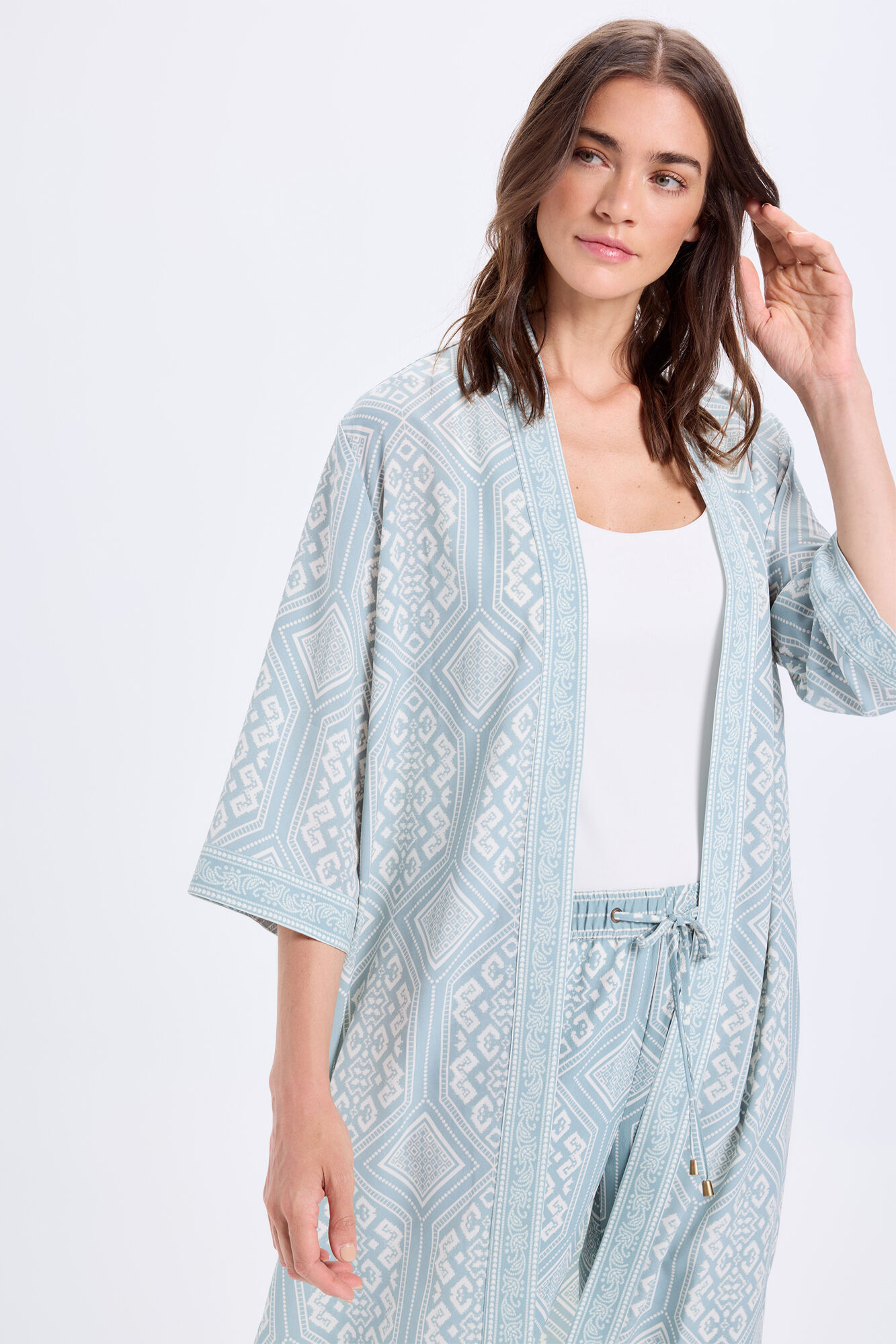 Milano Kimono largo estampado en tejido efecto seda Azul turquesa