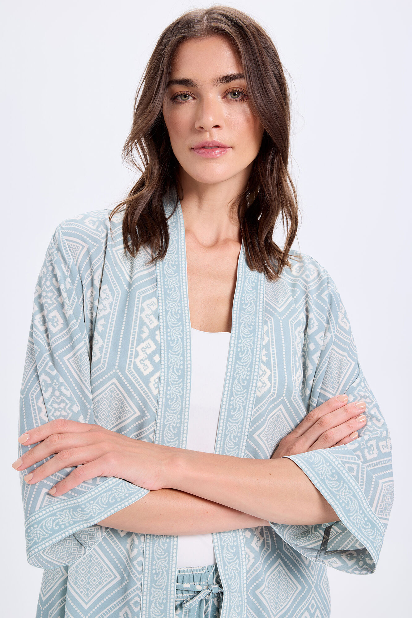 Milano Kimono largo estampado en tejido efecto seda Azul turquesa
