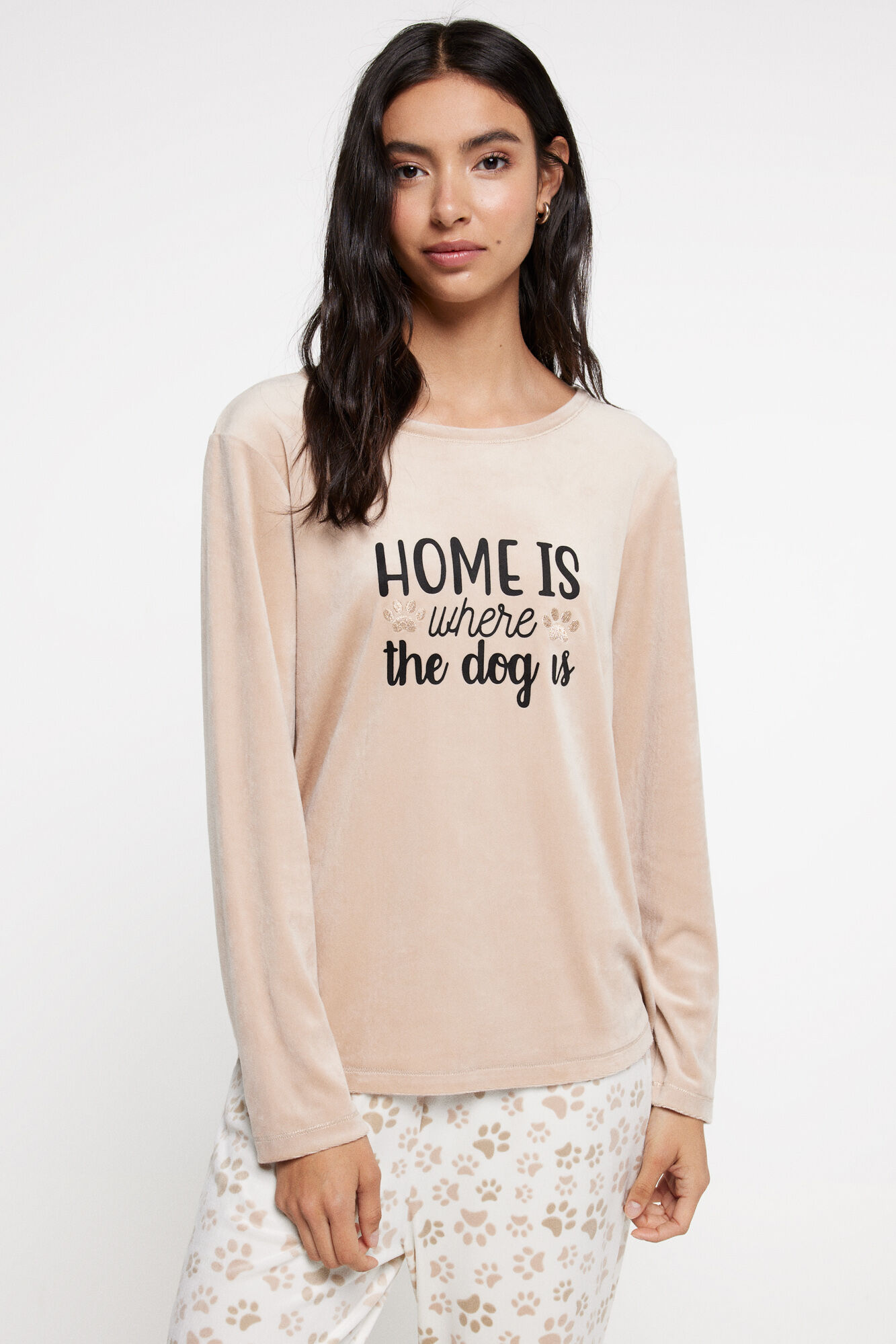 Milano Pijama largo velour perros Beige