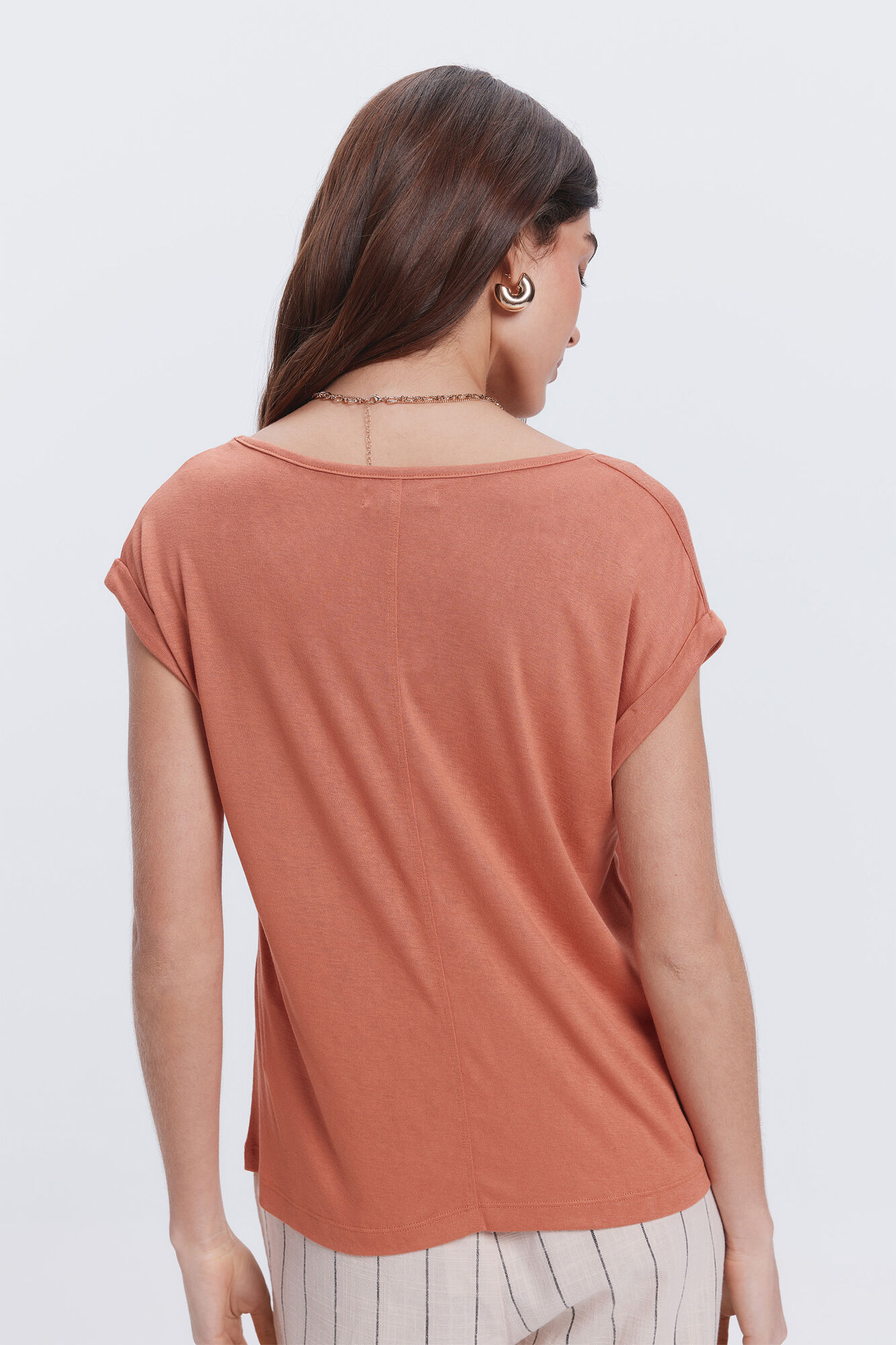 Milano Camiseta efecto lino cuello pico Naranja