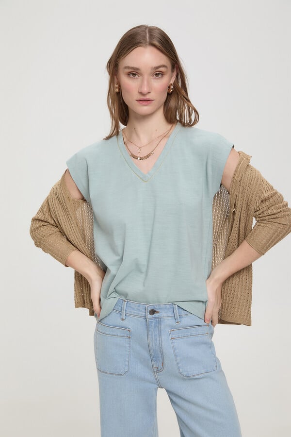 Milano Camiseta escote pico fornitura de lurex Verde